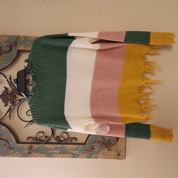 Multi color Fringed V-neck Sweater NWT- Size Large - Picture 11 of 14